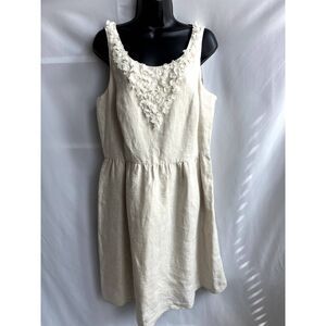 Kensie Beige Natural "Burlap & Lace" Linen Dress Sheath Size L Floral Applique